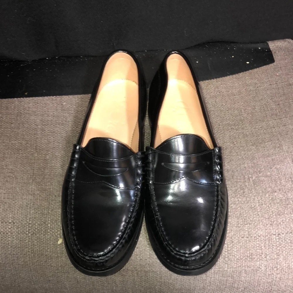 J. Crew Black Leather Penny Loafers with Tan Lining